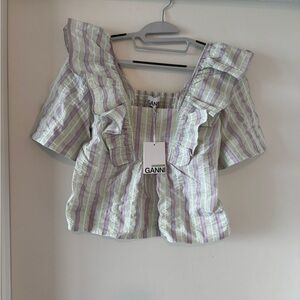 Ganni Ruffled Striped Blouse - light green, purple and white
